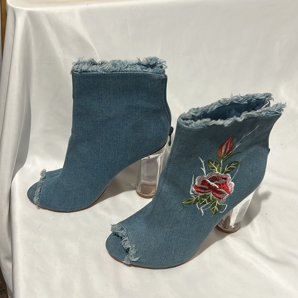 Glaze Denim Peep Toe Ankle Booties with Floral Embroidery & Clear Block Heel - Picture 4 of 12